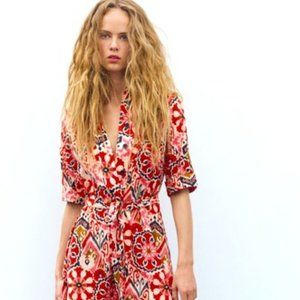NWT Zara pink and red BELTED PRINTED DRESS